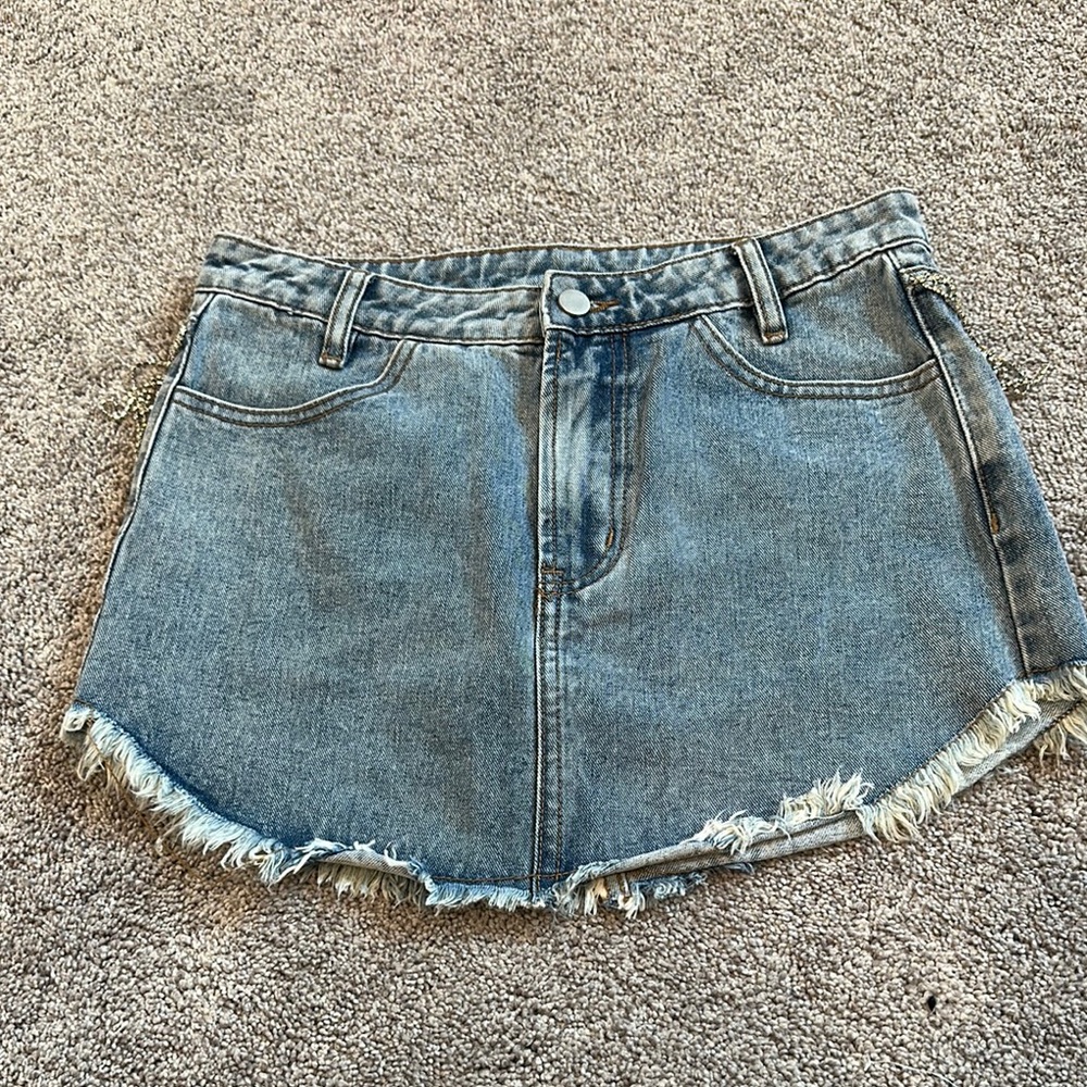 Denim Frayed Hem Mini Skirt with Crystal Tassels
